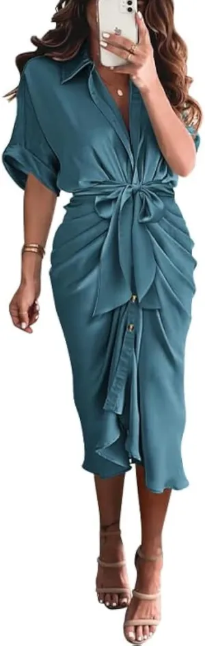 BTFBM 2025 Women Button Down Ruched Shirt Dresses Short Sleeve Lapel V Neck Elegant Party Spring Summer Maxi Satin Dress