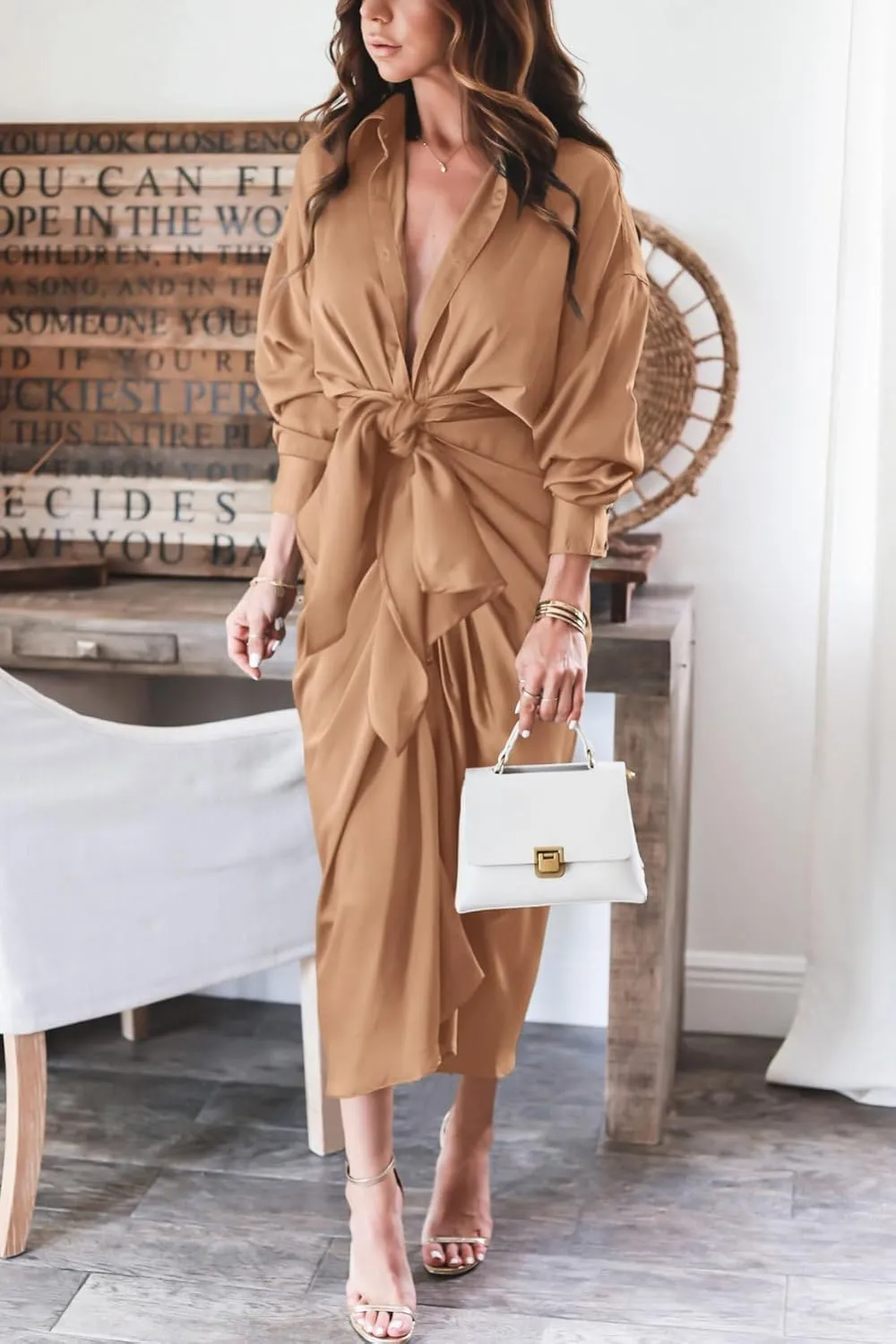 BTFBM Women Long Sleeve Satin Dress 2025 Summer Spring Lapel V Neck Button Down Elegant Belted Ruched Maxi Shirt Dresses