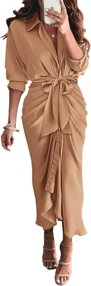 BTFBM Women Long Sleeve Satin Dress 2025 Summer Spring Lapel V Neck Button Down Elegant Belted Ruched Maxi Shirt Dresses