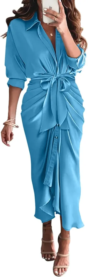 BTFBM Women Long Sleeve Satin Dress 2025 Summer Spring Lapel V Neck Button Down Elegant Belted Ruched Maxi Shirt Dresses