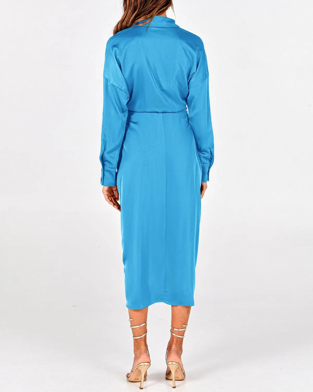 BTFBM Women Long Sleeve Satin Dress 2025 Summer Spring Lapel V Neck Button Down Elegant Belted Ruched Maxi Shirt Dresses
