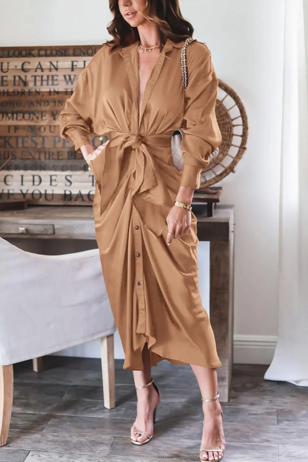 BTFBM Women Long Sleeve Satin Dress 2025 Summer Spring Lapel V Neck Button Down Elegant Belted Ruched Maxi Shirt Dresses