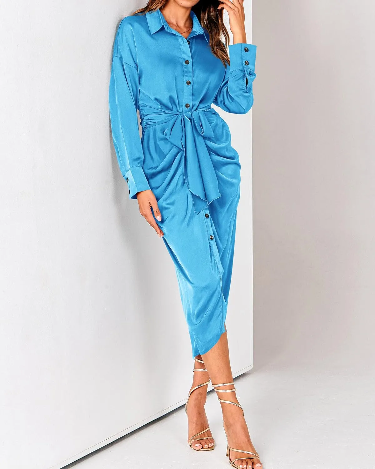 BTFBM Women Long Sleeve Satin Dress 2025 Summer Spring Lapel V Neck Button Down Elegant Belted Ruched Maxi Shirt Dresses