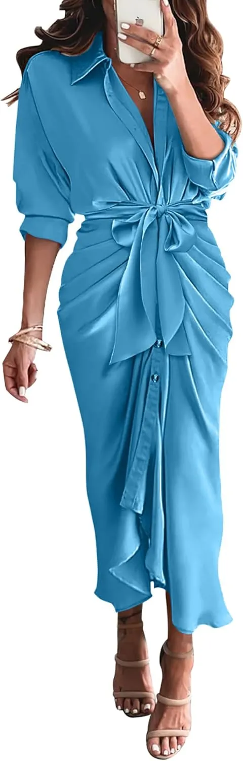 BTFBM Women Long Sleeve Satin Dress 2025 Summer Spring Lapel V Neck Button Down Elegant Belted Ruched Maxi Shirt Dresses
