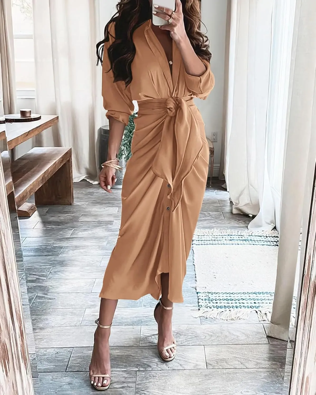 BTFBM Women Long Sleeve Satin Dress 2025 Summer Spring Lapel V Neck Button Down Elegant Belted Ruched Maxi Shirt Dresses
