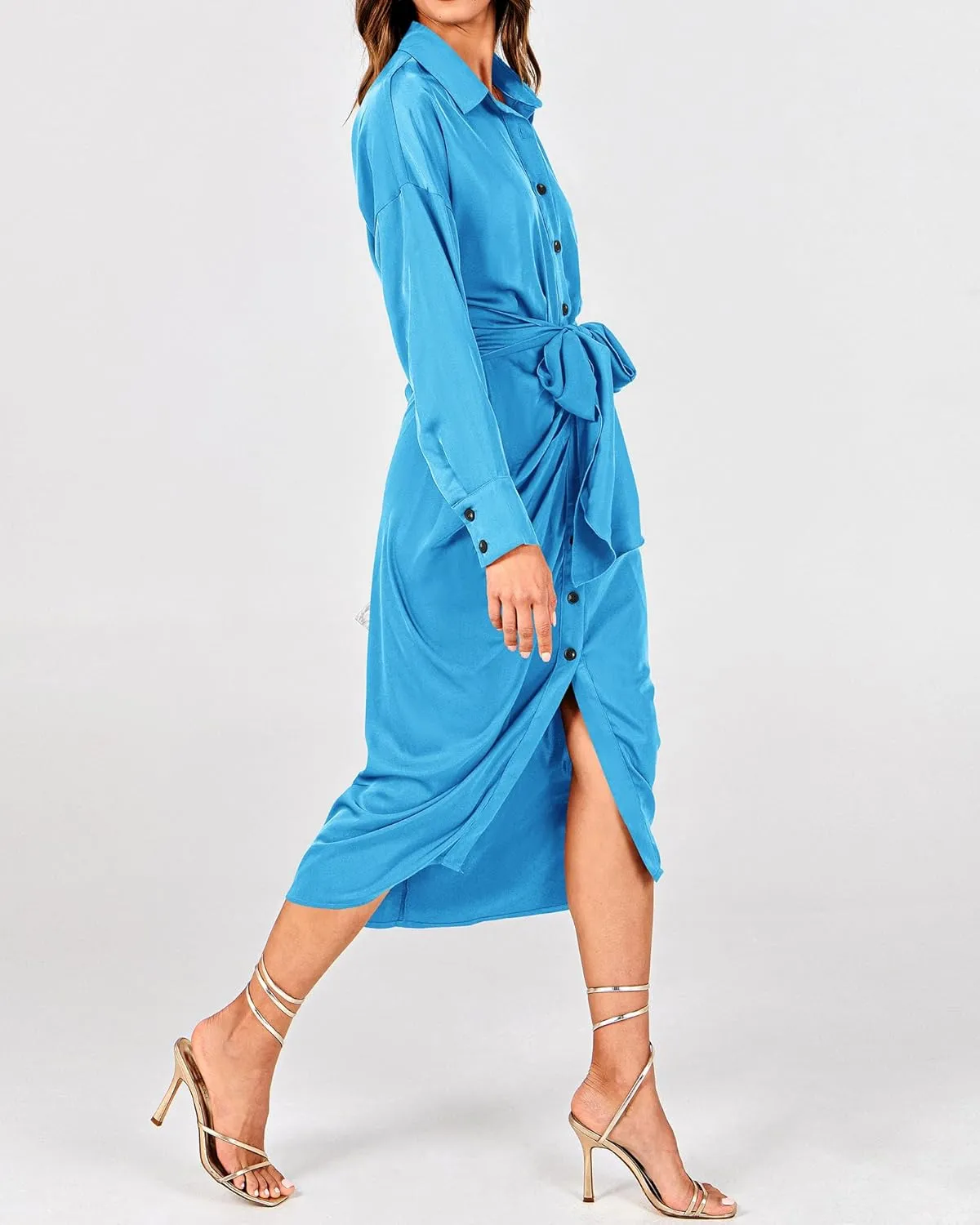 BTFBM Women Long Sleeve Satin Dress 2025 Summer Spring Lapel V Neck Button Down Elegant Belted Ruched Maxi Shirt Dresses
