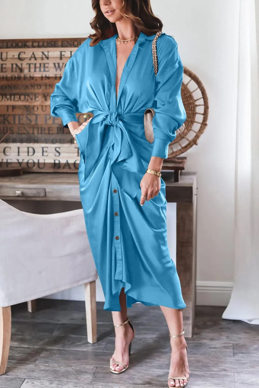 BTFBM Women Long Sleeve Satin Dress 2025 Summer Spring Lapel V Neck Button Down Elegant Belted Ruched Maxi Shirt Dresses