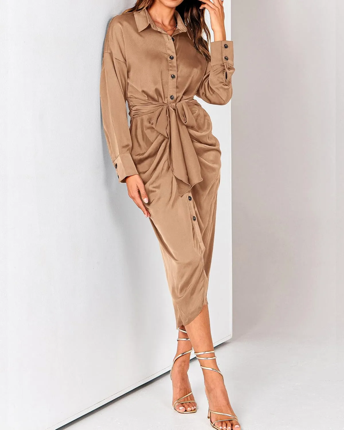 BTFBM Women Long Sleeve Satin Dress 2025 Summer Spring Lapel V Neck Button Down Elegant Belted Ruched Maxi Shirt Dresses