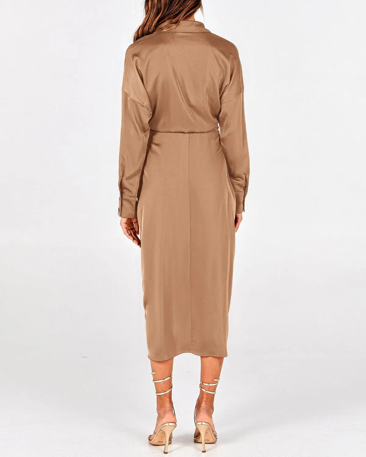 BTFBM Women Long Sleeve Satin Dress 2025 Summer Spring Lapel V Neck Button Down Elegant Belted Ruched Maxi Shirt Dresses