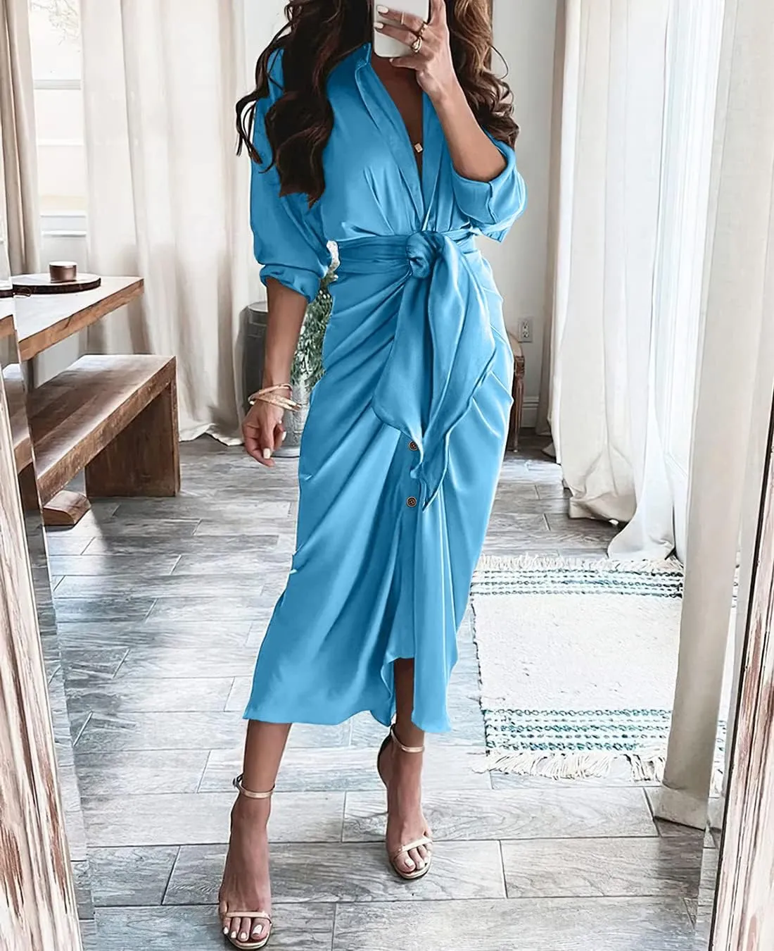 BTFBM Women Long Sleeve Satin Dress 2025 Summer Spring Lapel V Neck Button Down Elegant Belted Ruched Maxi Shirt Dresses