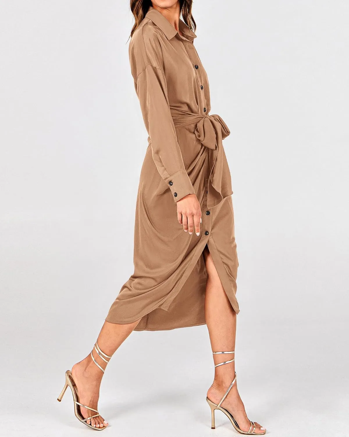 BTFBM Women Long Sleeve Satin Dress 2025 Summer Spring Lapel V Neck Button Down Elegant Belted Ruched Maxi Shirt Dresses