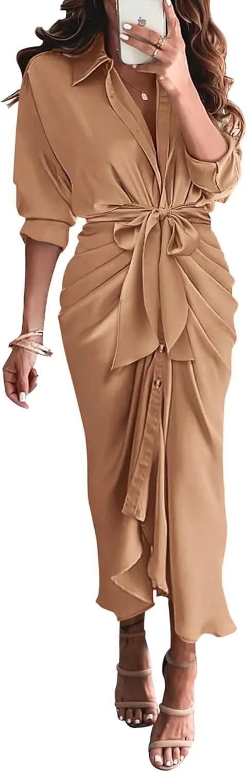 BTFBM Women Long Sleeve Satin Dress 2025 Summer Spring Lapel V Neck Button Down Elegant Belted Ruched Maxi Shirt Dresses
