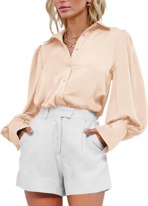 BTFBM Women Satin Button Down Shirts Summer Spring Lantern Long Sleeve Lapel V Neck Blouse Loose Casual Office Work Tops