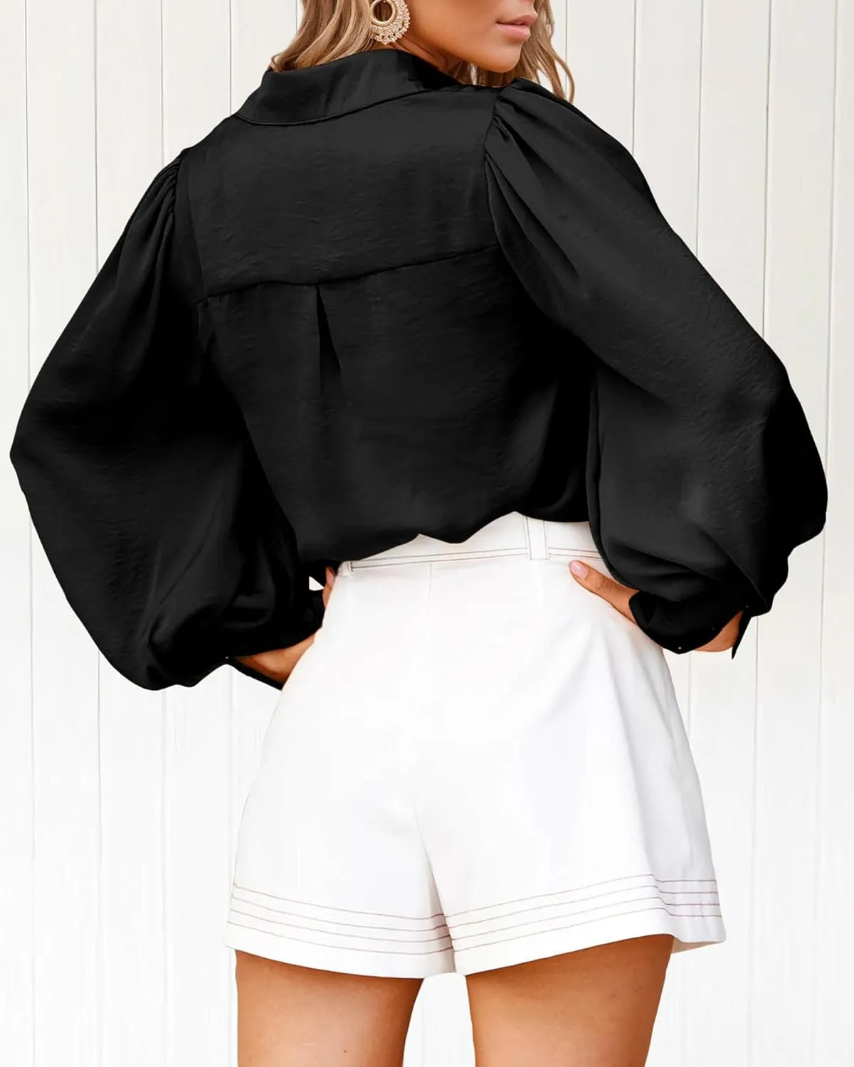 BTFBM Women Satin Button Down Shirts Summer Spring Lantern Long Sleeve Lapel V Neck Blouse Loose Casual Office Work Tops