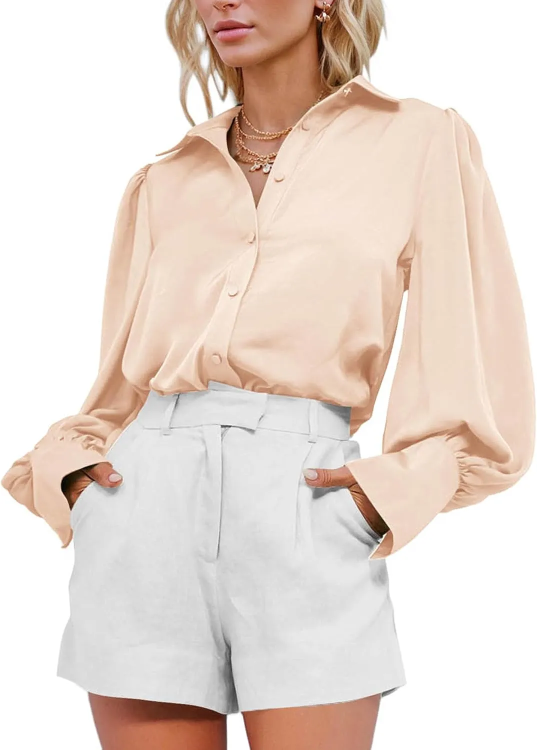 BTFBM Women Satin Button Down Shirts Summer Spring Lantern Long Sleeve Lapel V Neck Blouse Loose Casual Office Work Tops