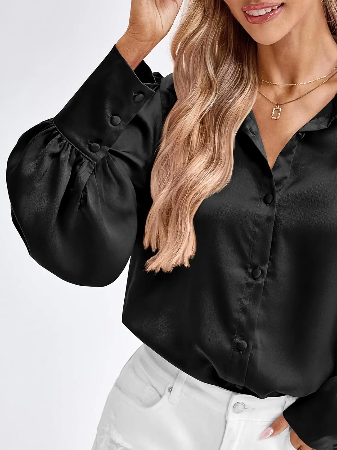 BTFBM Women Satin Button Down Shirts Summer Spring Lantern Long Sleeve Lapel V Neck Blouse Loose Casual Office Work Tops