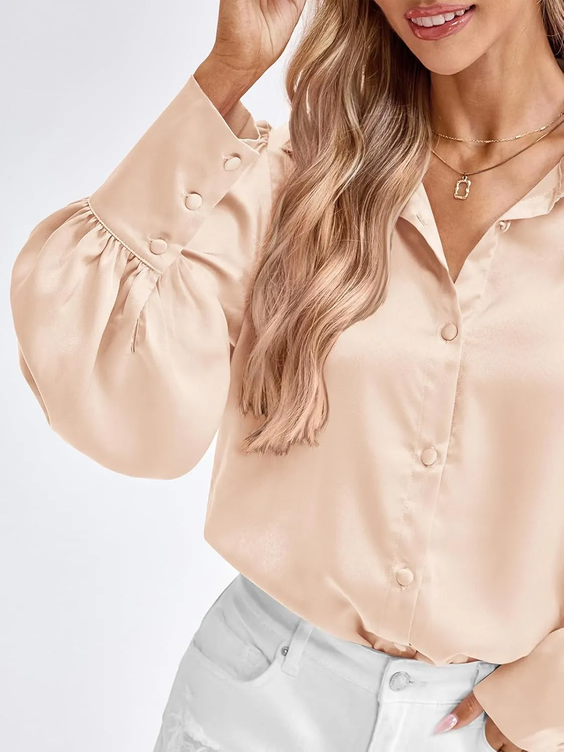 BTFBM Women Satin Button Down Shirts Summer Spring Lantern Long Sleeve Lapel V Neck Blouse Loose Casual Office Work Tops