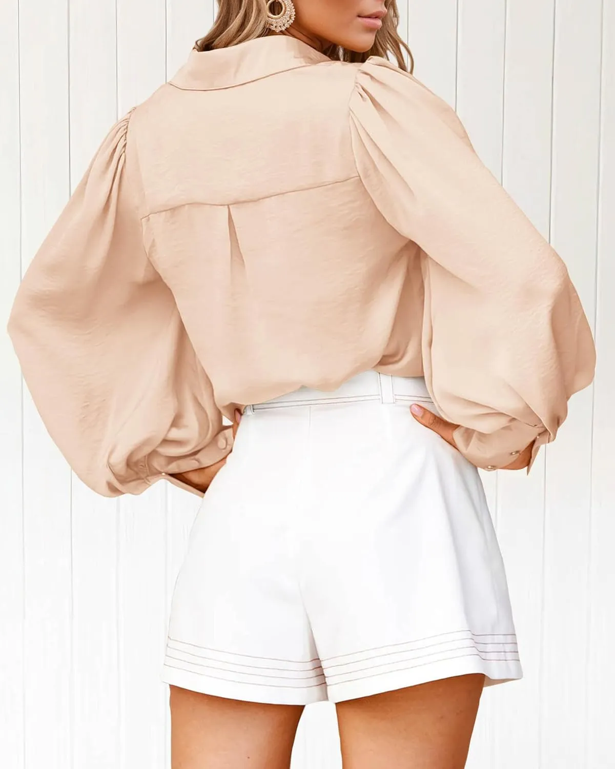 BTFBM Women Satin Button Down Shirts Summer Spring Lantern Long Sleeve Lapel V Neck Blouse Loose Casual Office Work Tops