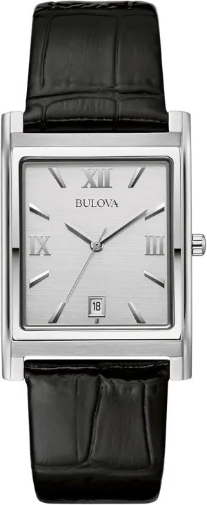 Bulova Men's Stainless Steel 3-Hand Calendar Date Quartz Watch with Black Leather Strap, Rectangle Dial Style: 96B107