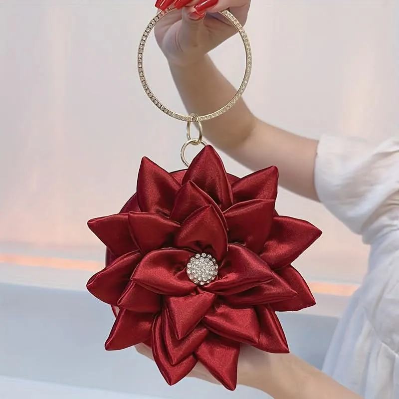 Burgundy 3D Flower Satin Evening Clutch