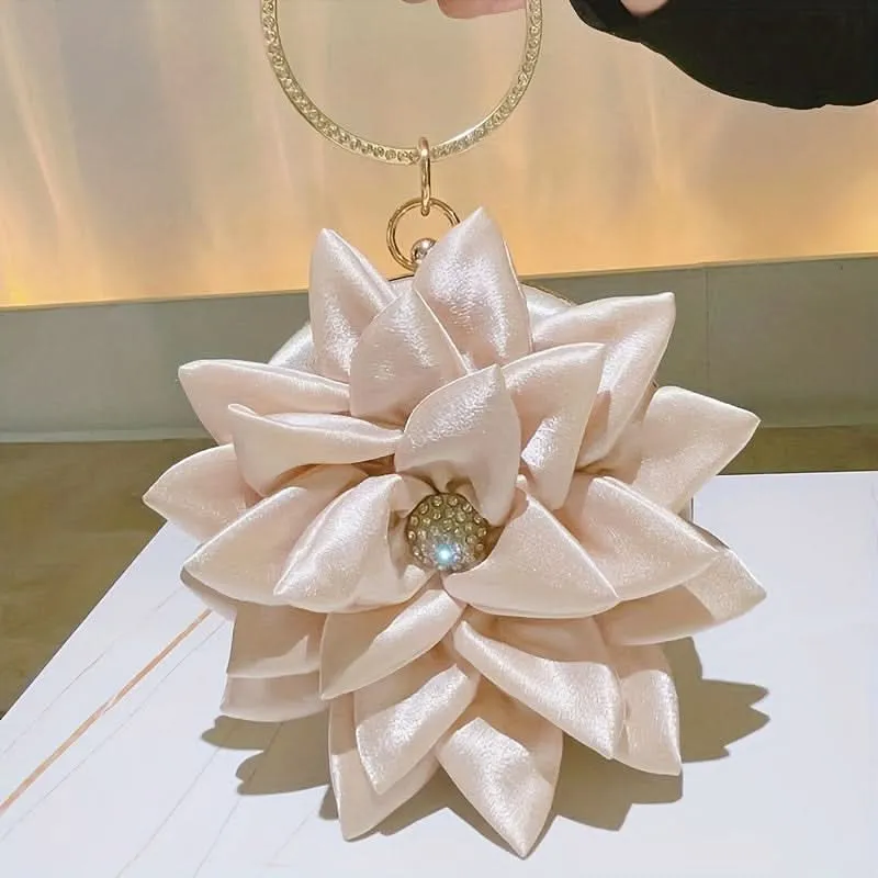 Burgundy 3D Flower Satin Evening Clutch