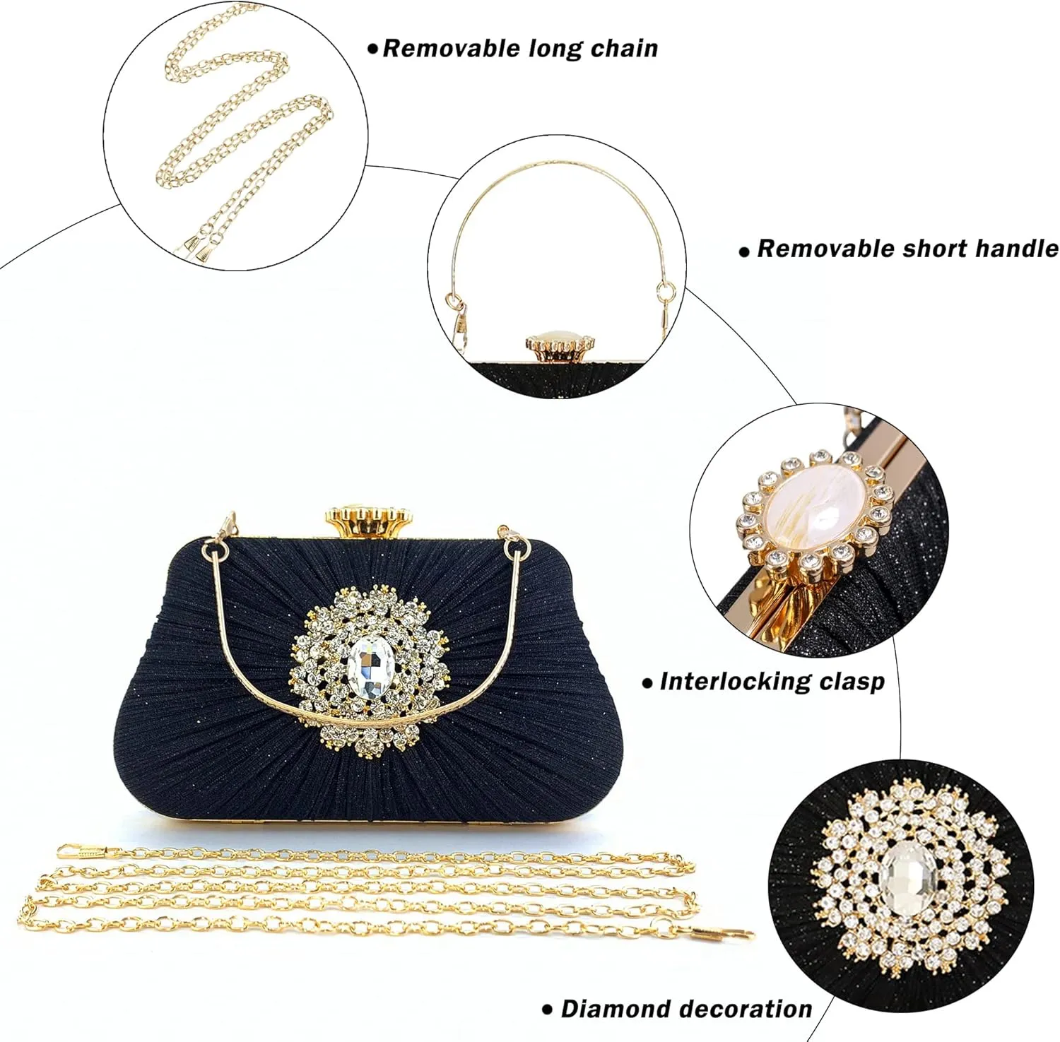 Buric Glitter Clutch Purses For Women Pleated Diamond Evening Handbag For Bridal Wedding Party With Rhinestone Bag