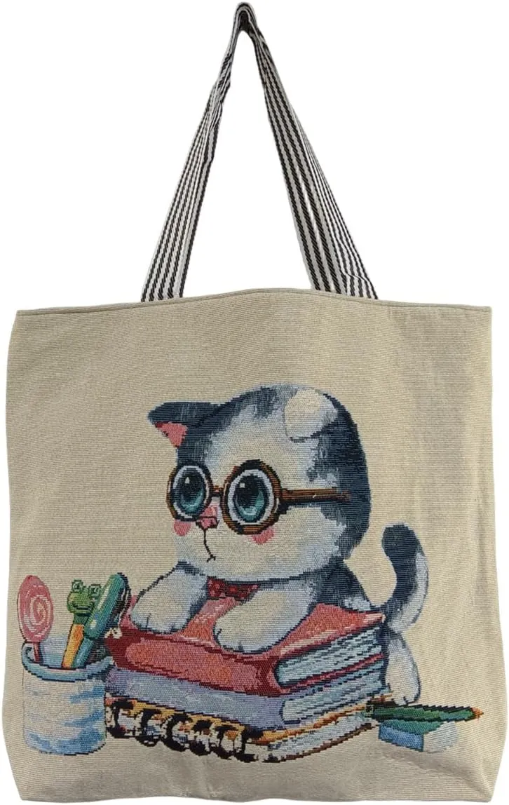 BuryTony Learning Cat Canvas Tote Bag Reusable Shopping Bag Portable Shoulder bag Handbag Casual bag for Girls Women Ladies, BUT-23003059