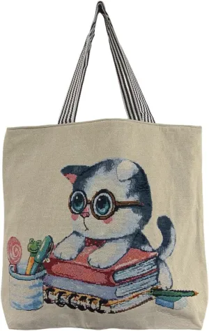 BuryTony Learning Cat Canvas Tote Bag Reusable Shopping Bag Portable Shoulder bag Handbag Casual bag for Girls Women Ladies, BUT-23003059