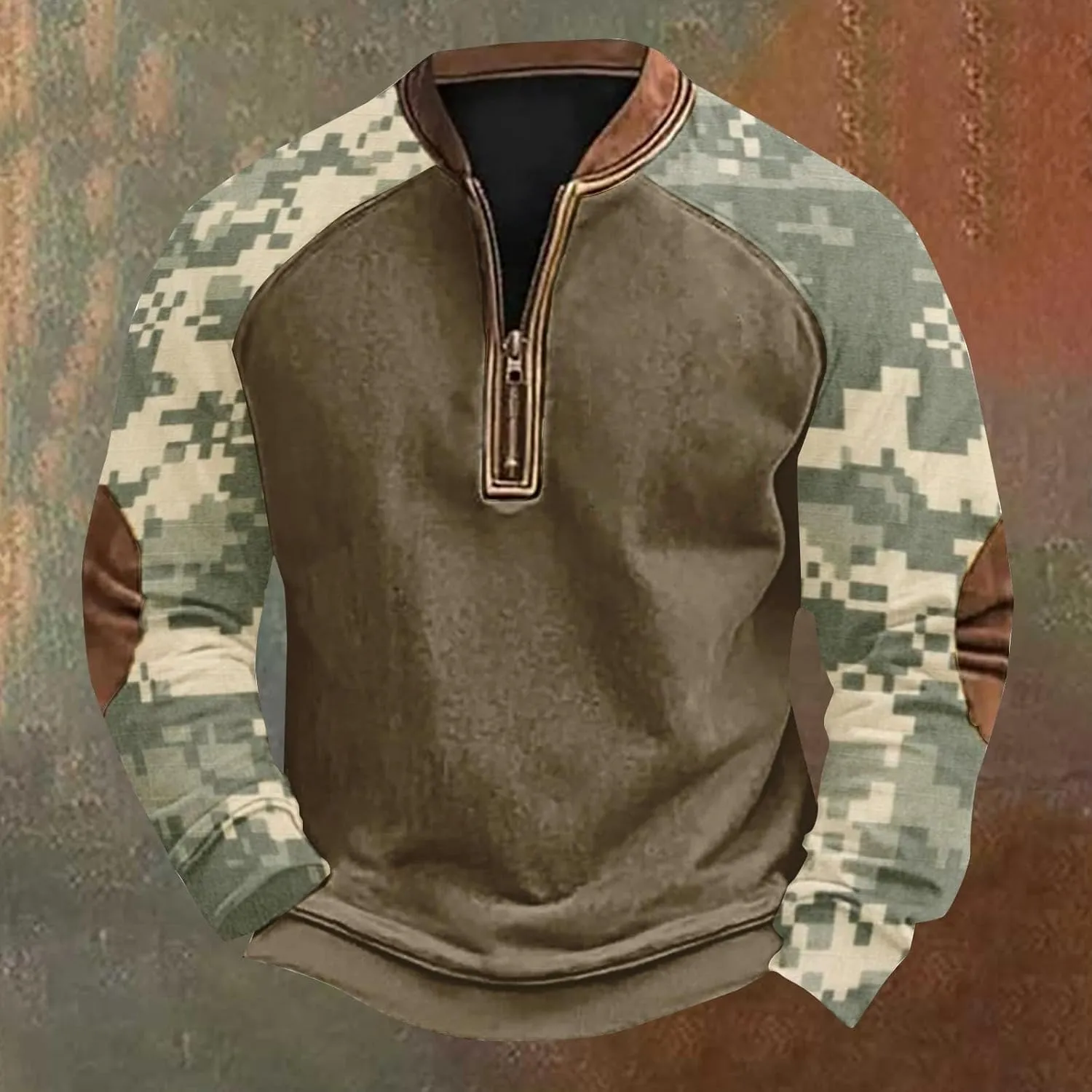 Camo Sweatshirts for Men Quarter Zip Raglan Sleeve Henley Neck Camouflage Vintage Western Pullover Tactical Shirts