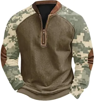 Camo Sweatshirts for Men Quarter Zip Raglan Sleeve Henley Neck Camouflage Vintage Western Pullover Tactical Shirts