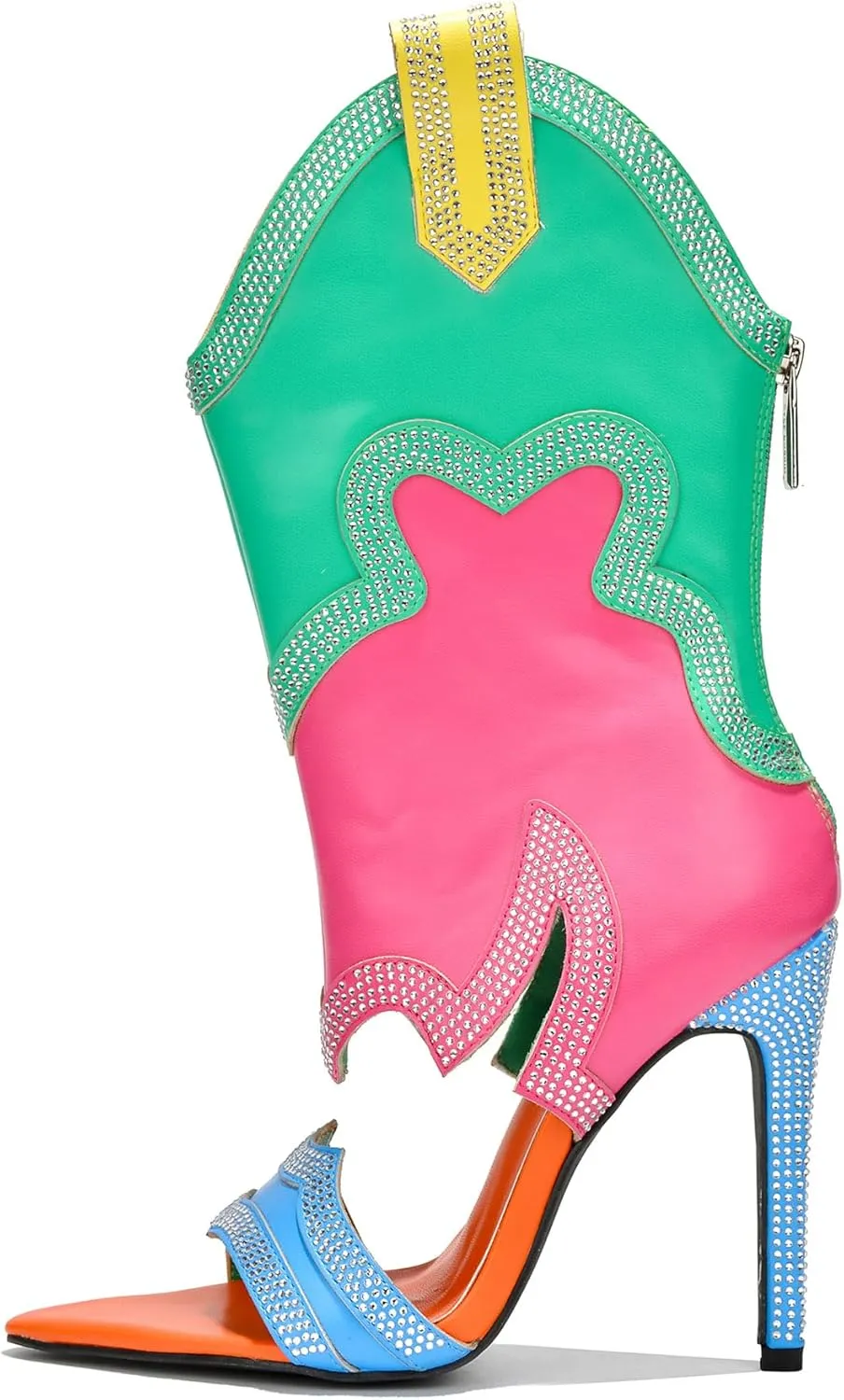 Cape Robbin Nayaye Stiletto Fashion Western Booties for Women, Women's Open Toe Mid-calf Boots with Faux Rhinestone