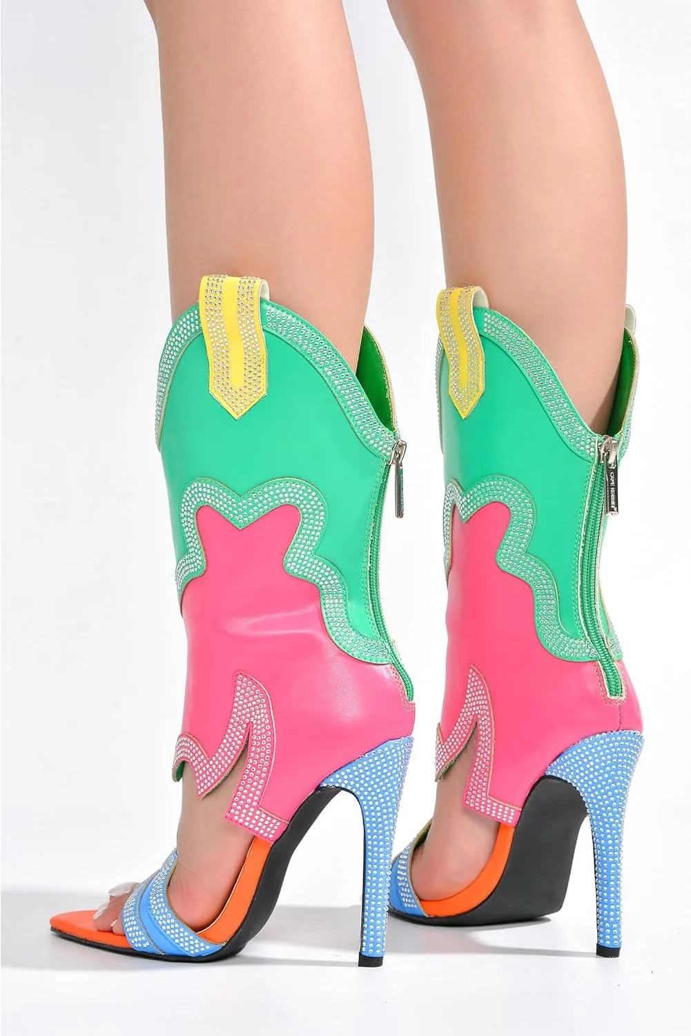 Cape Robbin Nayaye Stiletto Fashion Western Booties for Women, Women's Open Toe Mid-calf Boots with Faux Rhinestone