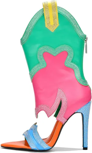 Cape Robbin Nayaye Stiletto Fashion Western Booties for Women, Women's Open Toe Mid-calf Boots with Faux Rhinestone