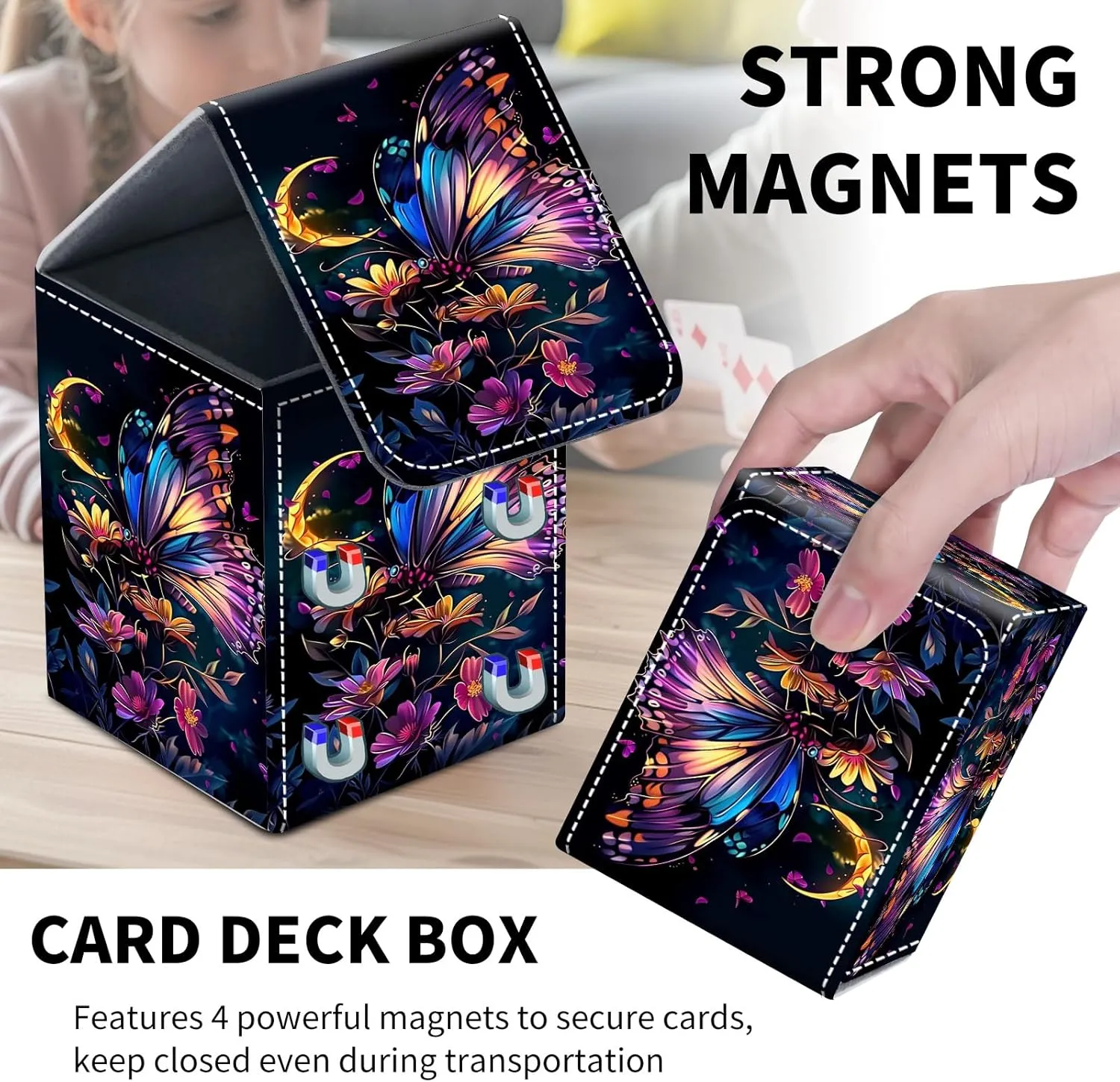 Card Deck Box for MTG Trading Cards, Magic Card Box Can Hold 110  Single Sleeved Cards, Waterproof PU Leather Material, Strong Magnetic Buckle Card Set Box Suitable for TCG CCG, Colorful Butterflys