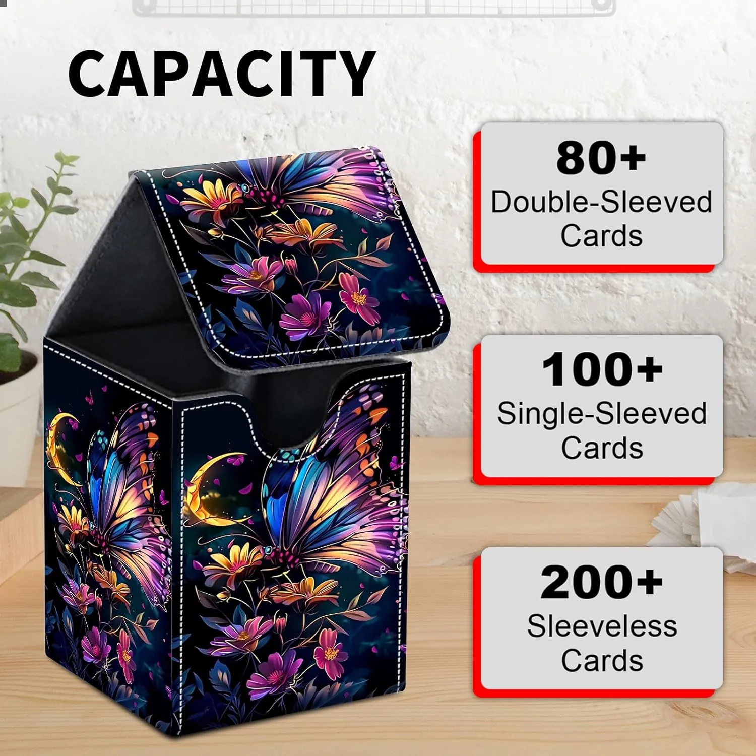 Card Deck Box for MTG Trading Cards, Magic Card Box Can Hold 110  Single Sleeved Cards, Waterproof PU Leather Material, Strong Magnetic Buckle Card Set Box Suitable for TCG CCG, Colorful Butterflys