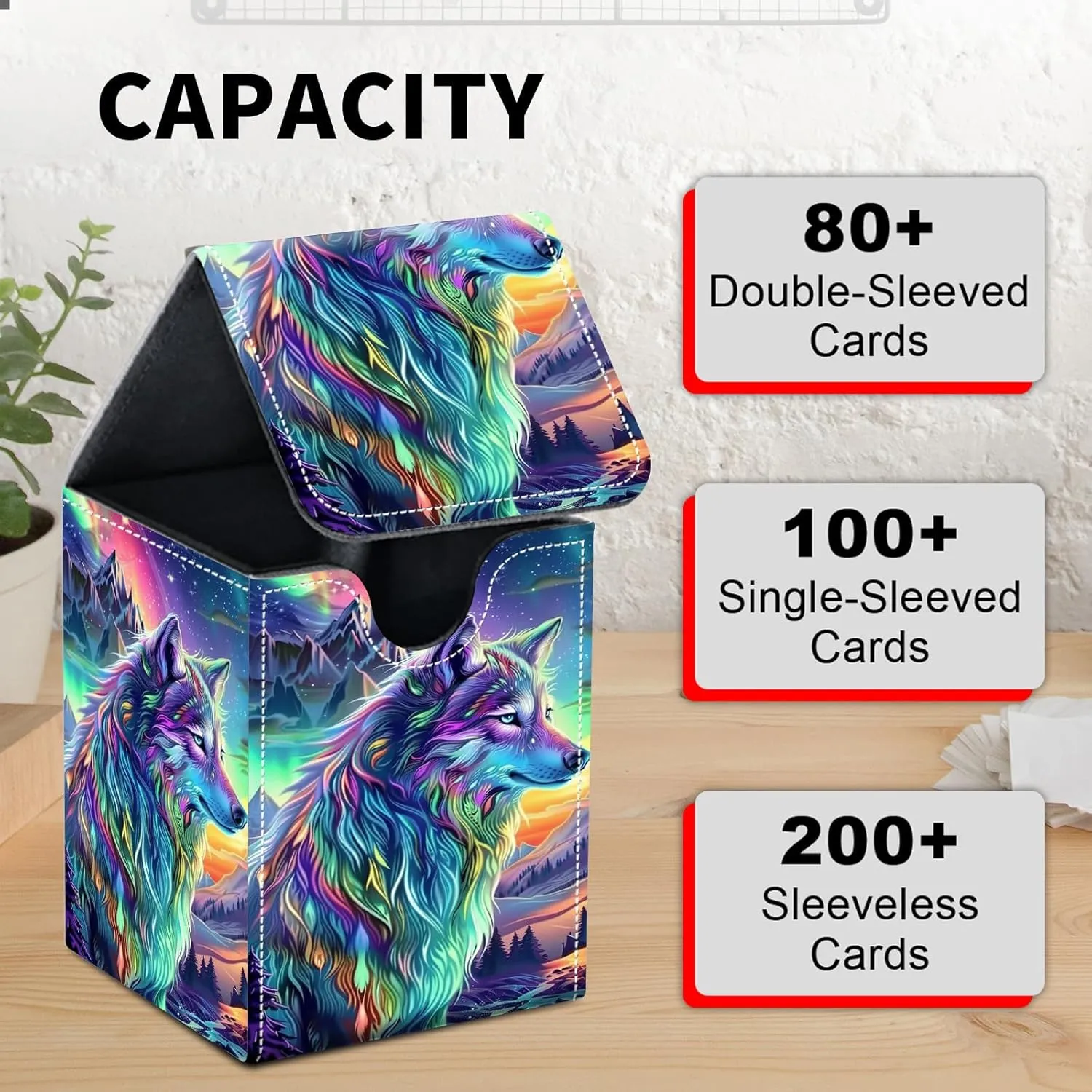 Card Deck Box for MTG Trading Cards, Magic Card Box Can Hold 110  Single Sleeved Cards, Waterproof PU Leather Material, Strong Magnetic Buckle Card Set Box Suitable for TCG CCG, Colorful Wolf