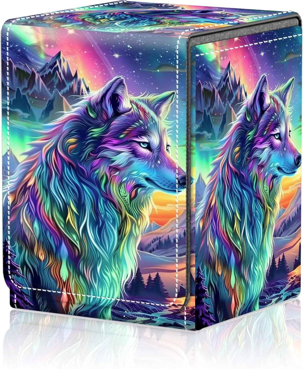 Card Deck Box for MTG Trading Cards, Magic Card Box Can Hold 110  Single Sleeved Cards, Waterproof PU Leather Material, Strong Magnetic Buckle Card Set Box Suitable for TCG CCG, Colorful Wolf