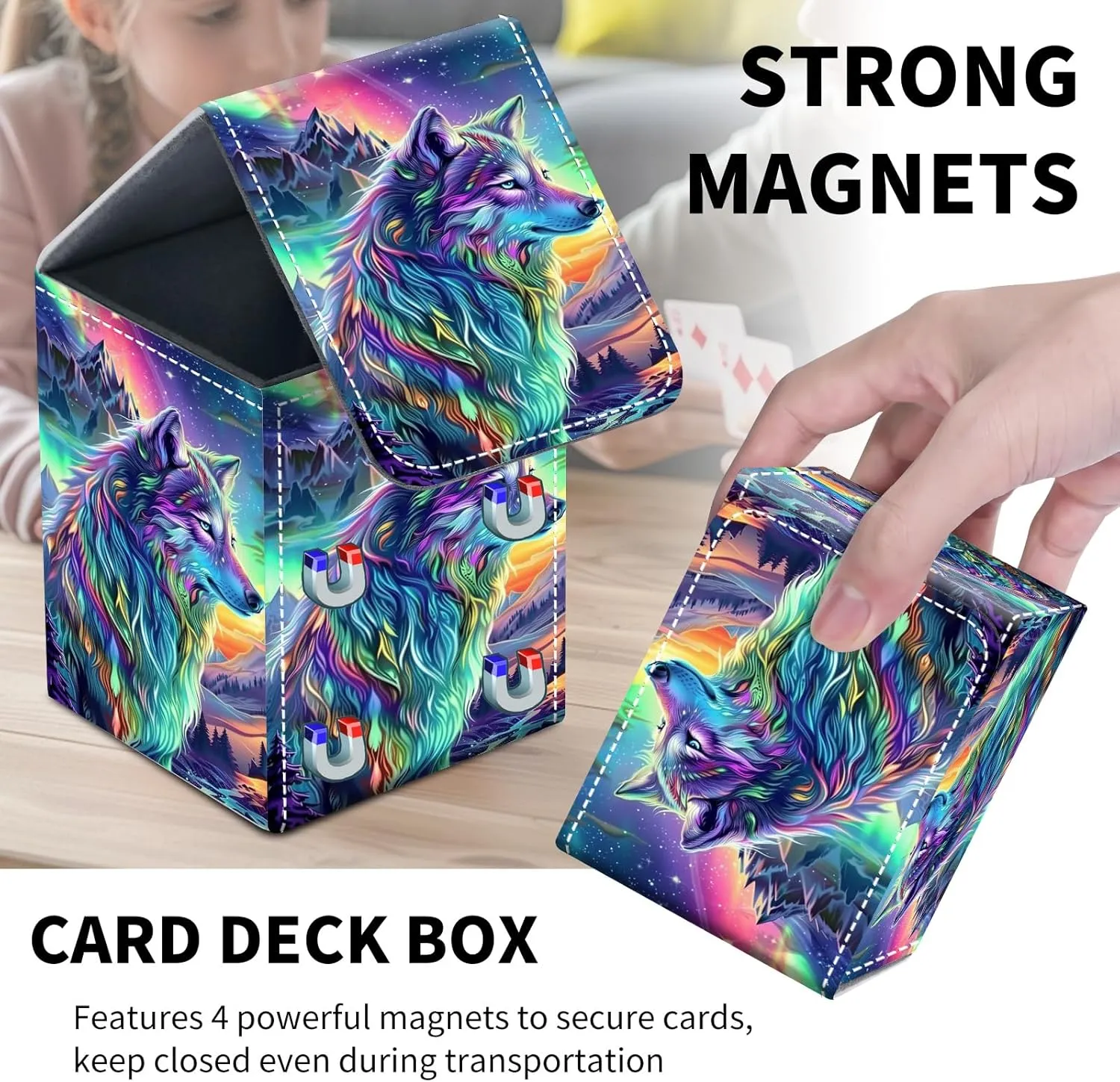 Card Deck Box for MTG Trading Cards, Magic Card Box Can Hold 110  Single Sleeved Cards, Waterproof PU Leather Material, Strong Magnetic Buckle Card Set Box Suitable for TCG CCG, Colorful Wolf