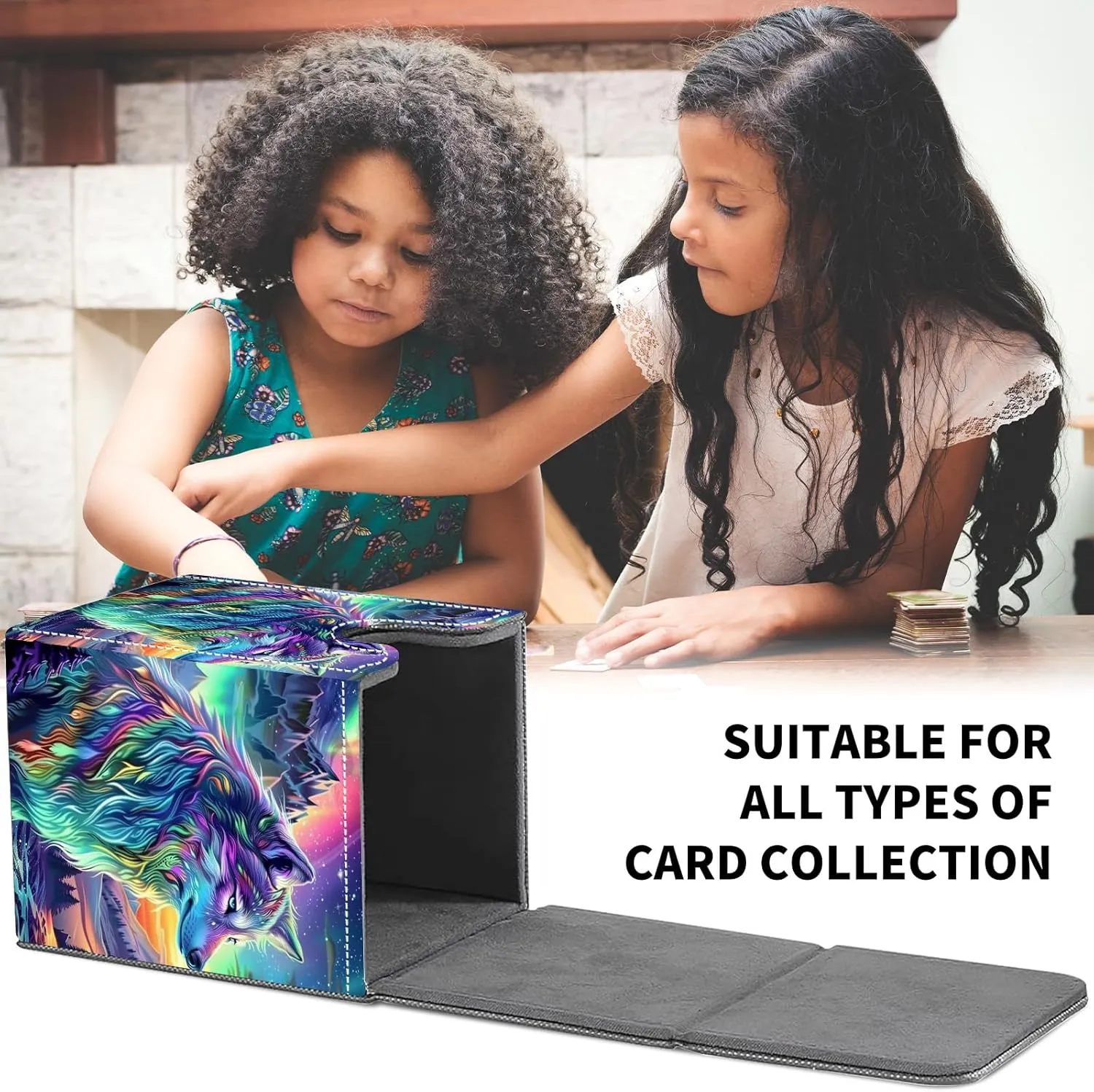 Card Deck Box for MTG Trading Cards, Magic Card Box Can Hold 110  Single Sleeved Cards, Waterproof PU Leather Material, Strong Magnetic Buckle Card Set Box Suitable for TCG CCG, Colorful Wolf