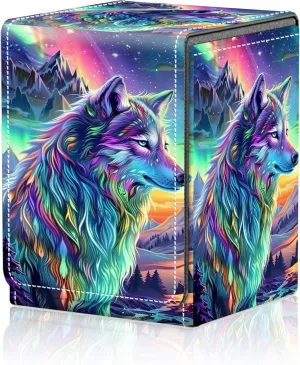 Card Deck Box for MTG Trading Cards, Magic Card Box Can Hold 110  Single Sleeved Cards, Waterproof PU Leather Material, Strong Magnetic Buckle Card Set Box Suitable for TCG CCG, Colorful Wolf