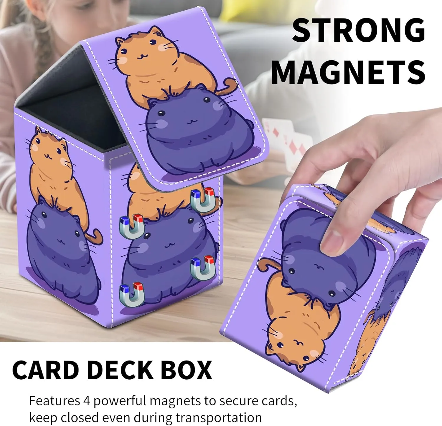 Card Deck Box for MTG Trading Cards, Magic Card Box Can Hold 110  Single Sleeved Cards, Waterproof PU Leather Material, Strong Magnetic Buckle Card Set Box Suitable for TCG CCG, Simple Capybara