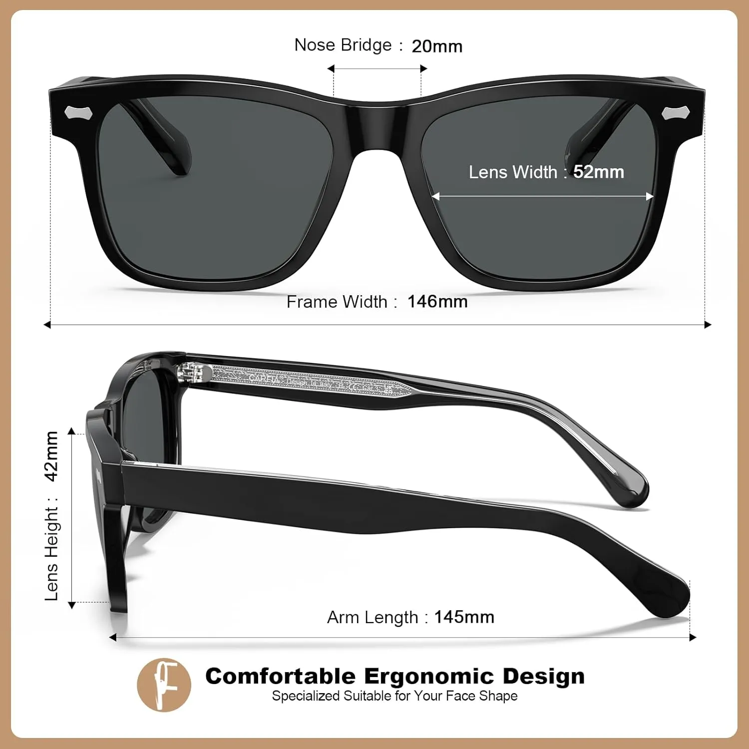 CARFIA Retro Acetate Polarized Sunglasses for Men UV Protection with Embossed Pattern Wire Core CA2301