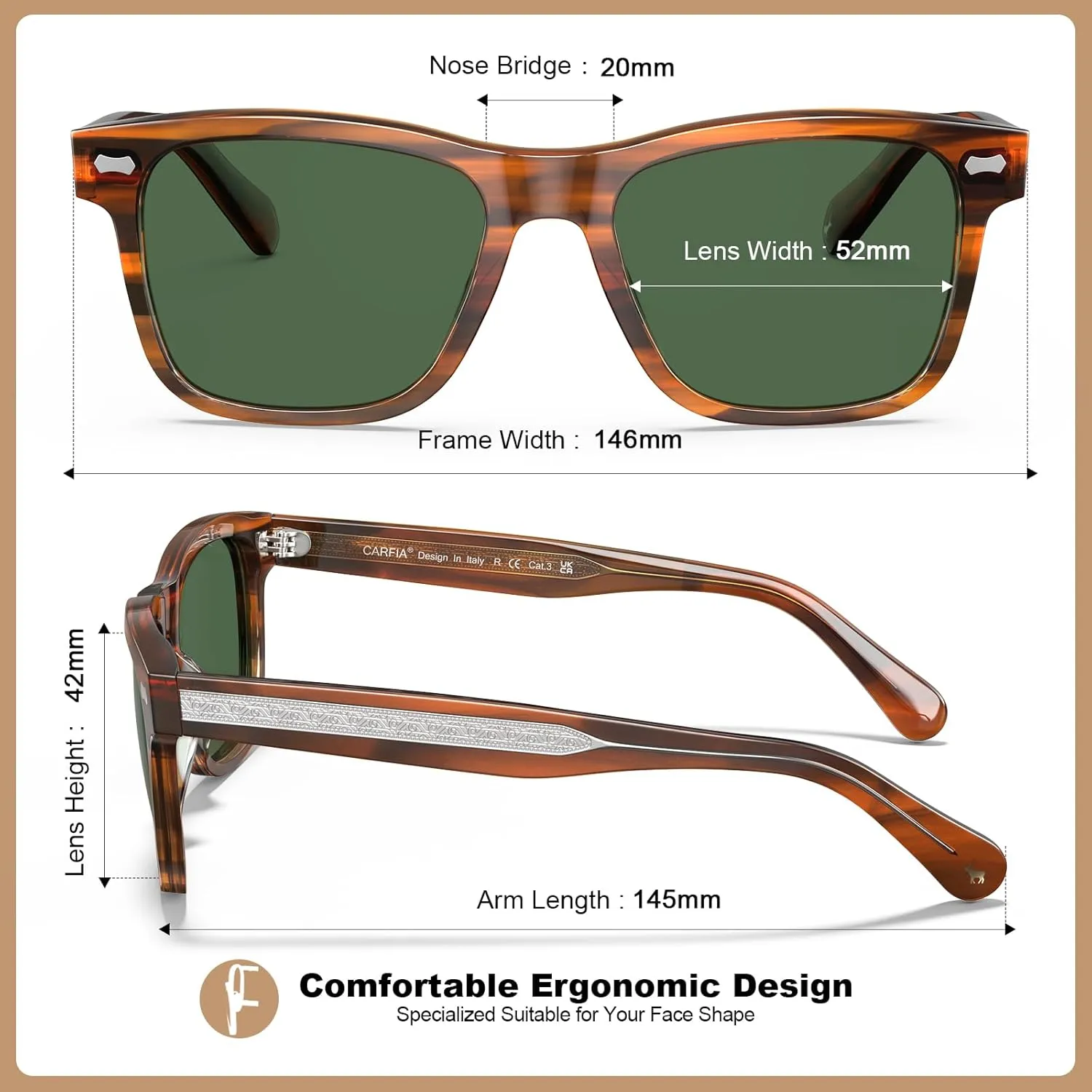 CARFIA Retro Acetate Polarized Sunglasses for Men UV Protection with Embossed Pattern Wire Core CA2301