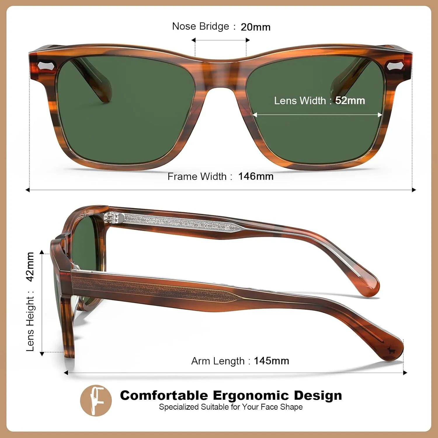 CARFIA Retro Acetate Polarized Sunglasses for Men UV Protection with Embossed Pattern Wire Core CA2301