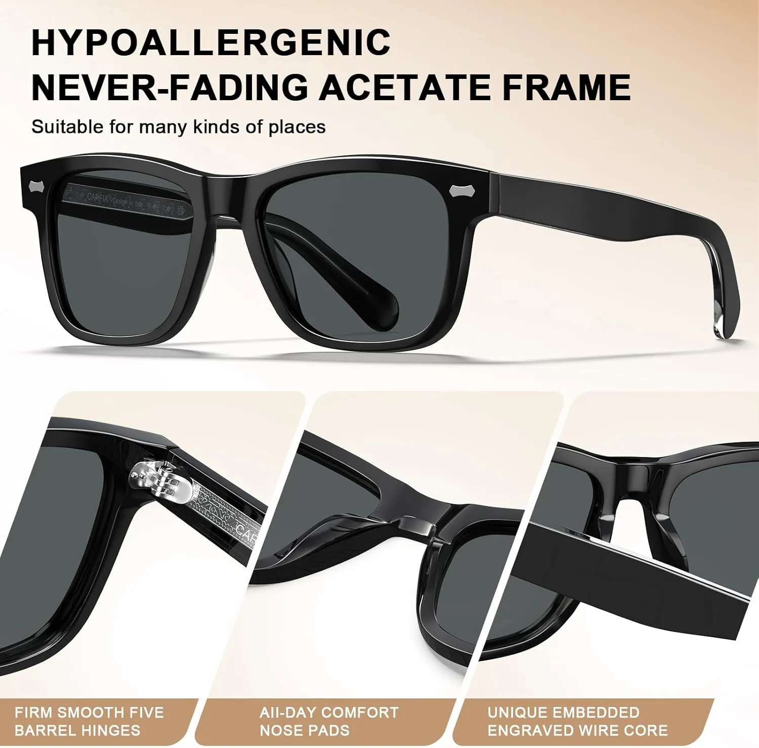 CARFIA Retro Acetate Polarized Sunglasses for Men UV Protection with Embossed Pattern Wire Core CA2301