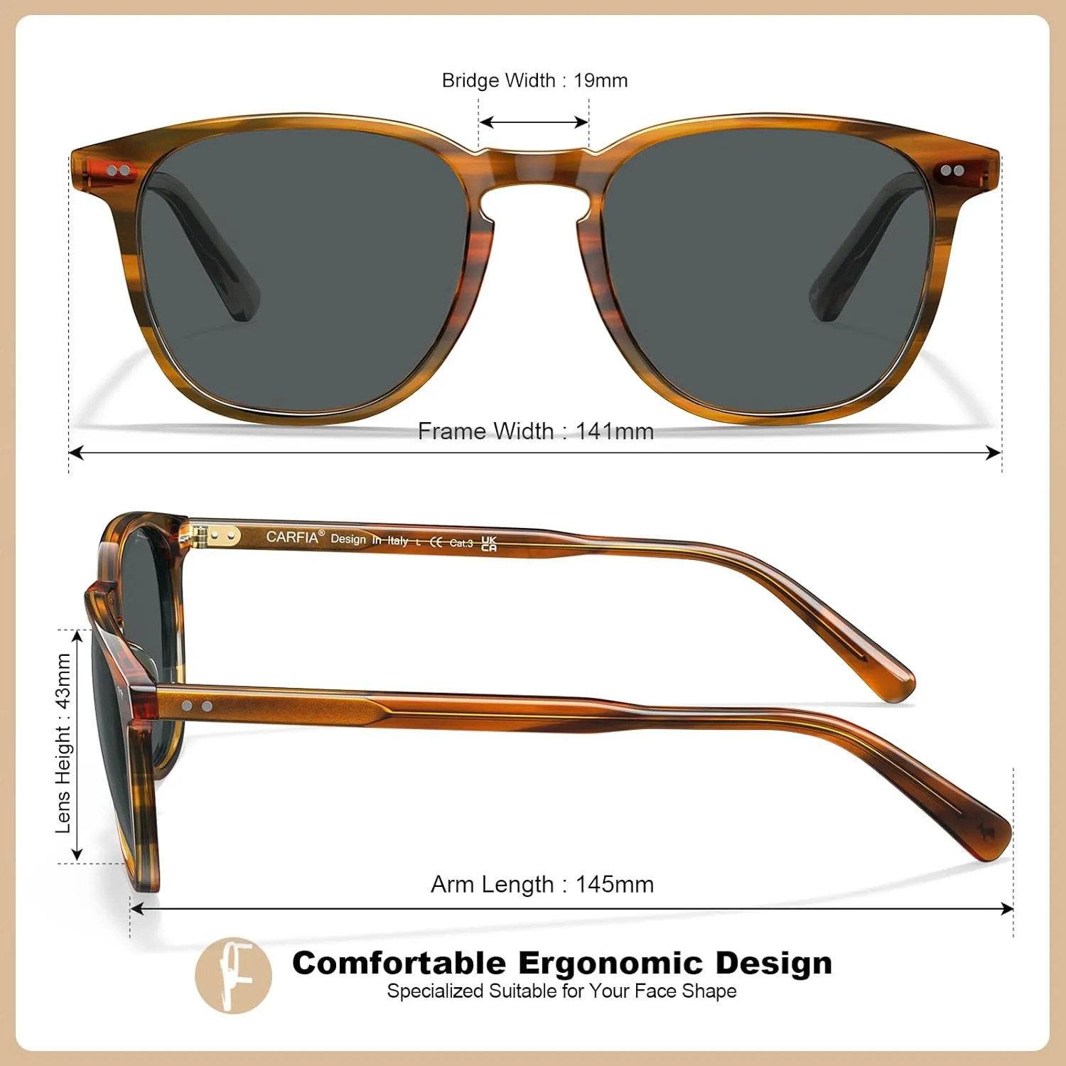 CARFIA Retro Cool Acetate Polarized Sunglasses for Men UV Protection, Outdoor Fashion Driving Eyewears Male Square Sunnies