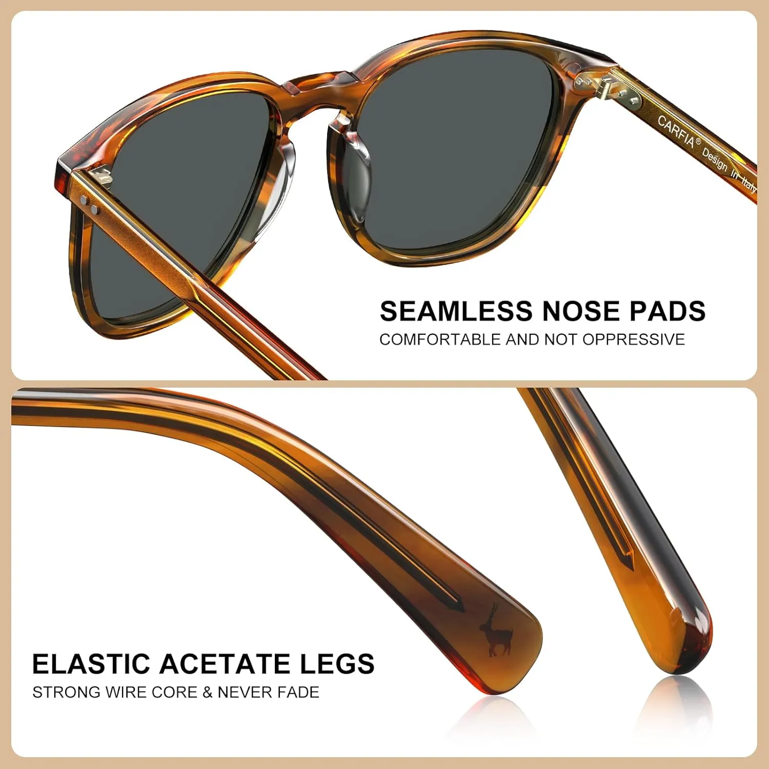 CARFIA Retro Cool Acetate Polarized Sunglasses for Men UV Protection, Outdoor Fashion Driving Eyewears Male Square Sunnies