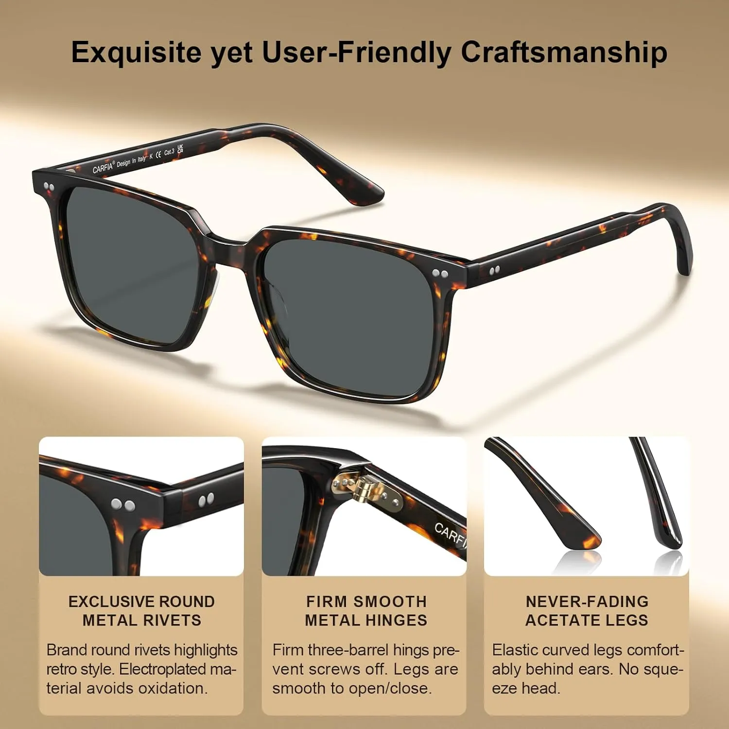 CARFIA Retro Cool Acetate Sunglasses for Men Polarized UV Protection, Trendy Square Male Sunnies Outdoor Driving Eyewears