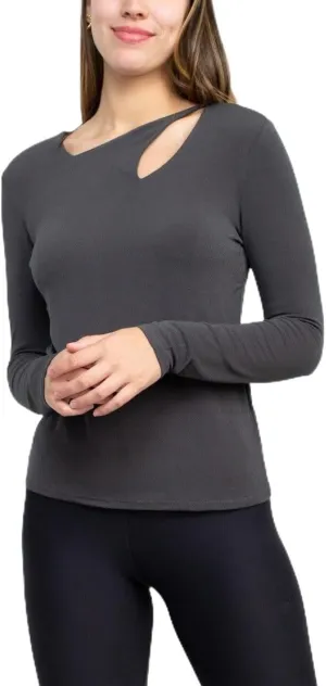 Catherine Malandrino Asymmetrical Cutout Neck Long Sleeve Solid Crepe Top Carbon/S, Small