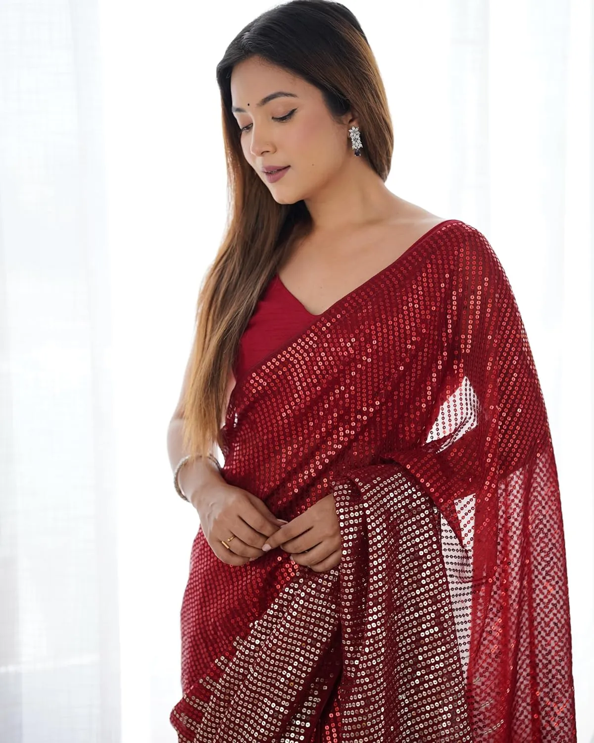 Celebrity-Inspired Beautiful Sequins Saree Georgette Fabric Embroidery partywear saree